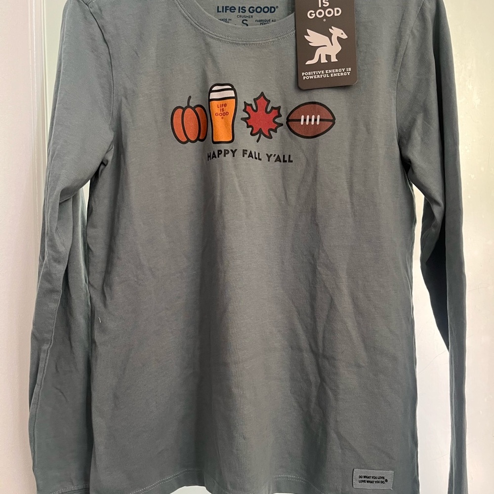 Life Is Good Gray/Green Happy Fall Y'all Shirt